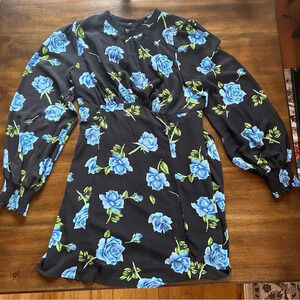 Free People Black Blue Flowers Dress Adjust Cinches & Elastic Waist Back Size M
